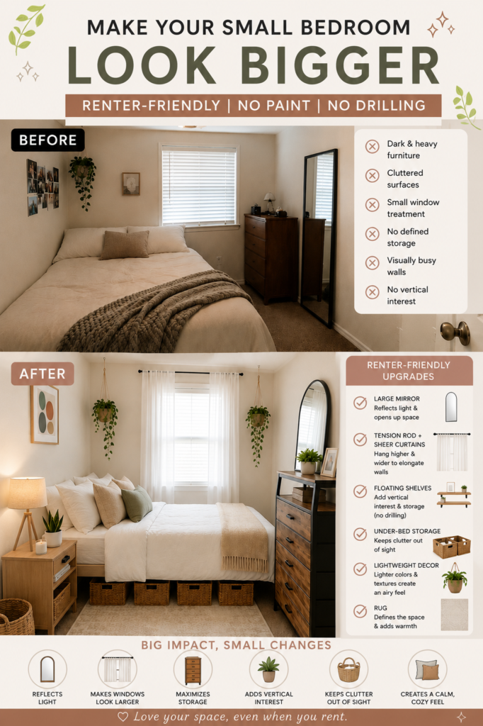 How to Make a Small Bedroom Look Bigger: 7 Smart Renter-Friendly Ideas 4 Before and after small bedroom makeover with renter-friendly decorating ideas to make a small bedroom look bigger without painting or drilling