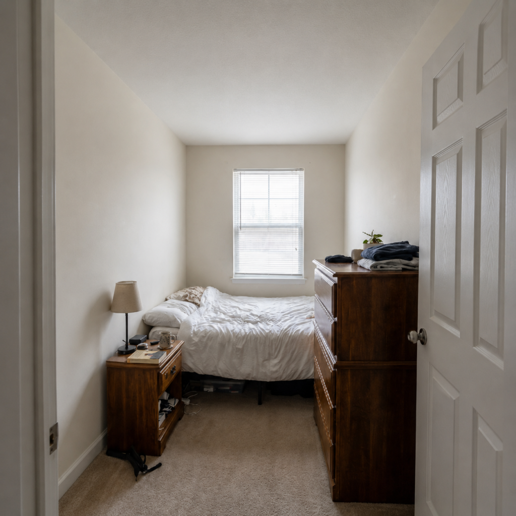 How to Make a Small Bedroom Look Bigger: 7 Smart Renter-Friendly Ideas 2 Small bedroom before makeover with dark furniture and limited storage