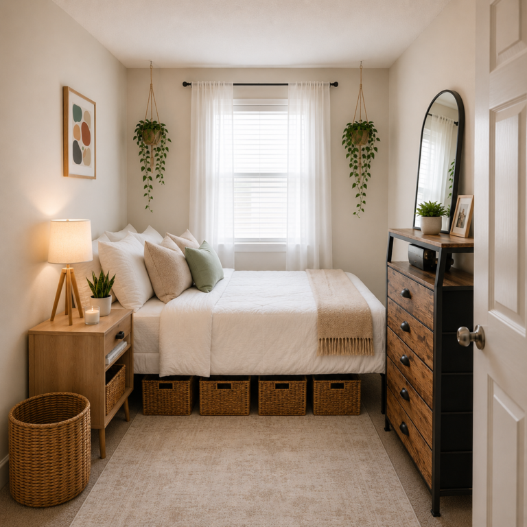 Small renter-friendly bedroom makeover with white bedding, hanging plants, woven storage baskets, and natural wood furniture