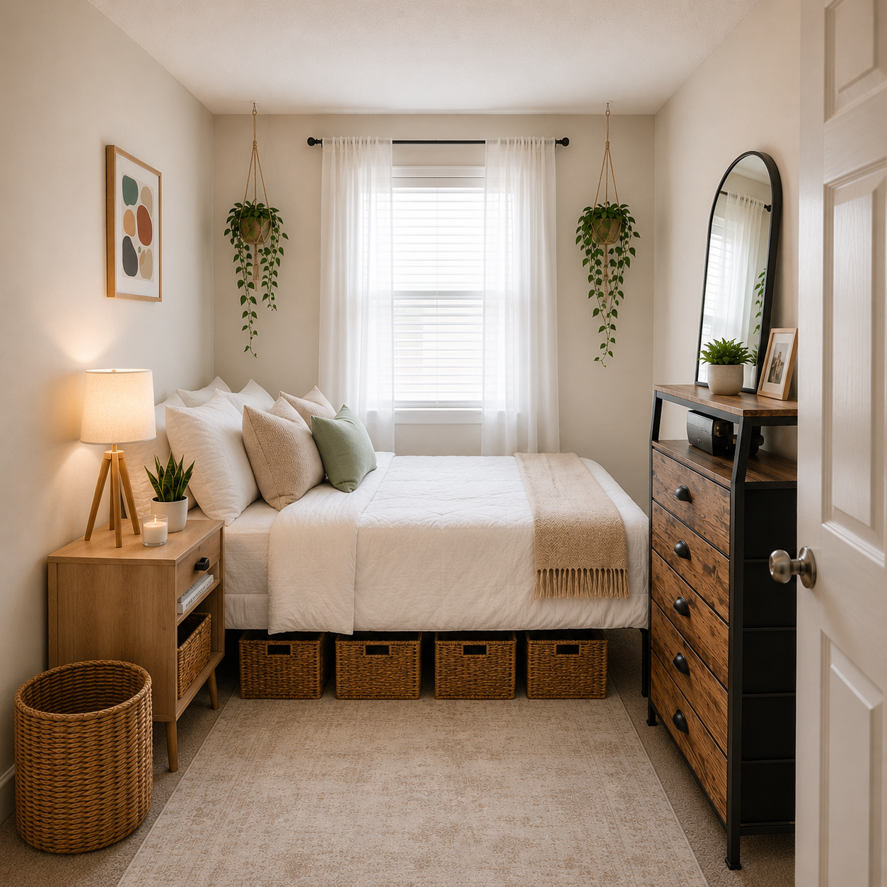 How to Make a Small Bedroom Look Bigger: 7 Smart Renter-Friendly Ideas 1 Small renter-friendly bedroom makeover with white bedding, hanging plants, woven storage baskets, and natural wood furniture