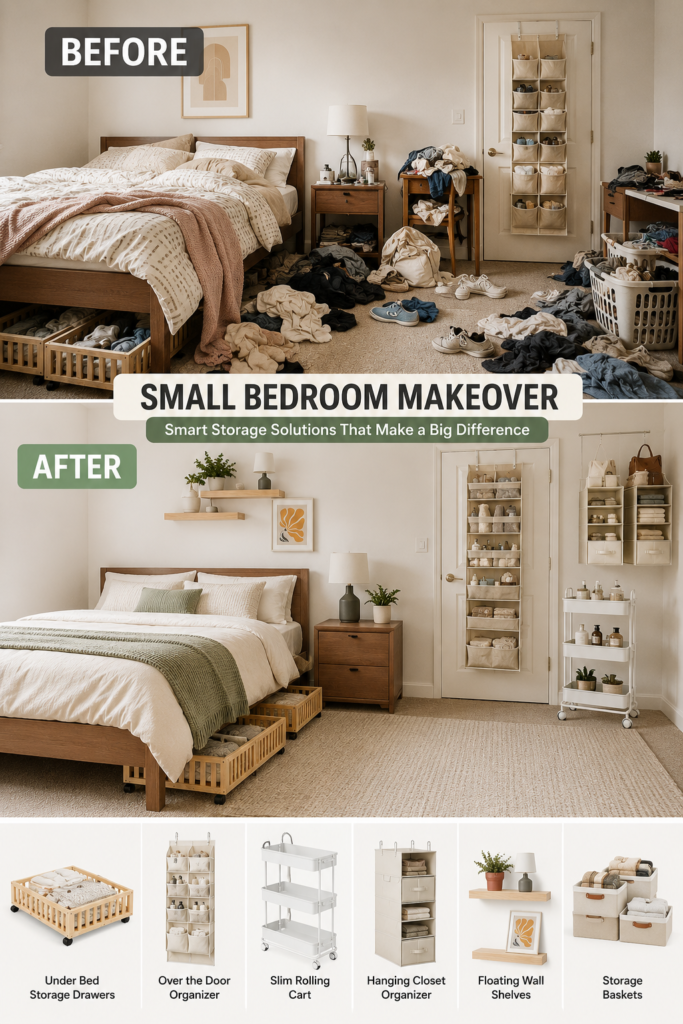 Small Bedroom Makeover: 6 Smart Storage Solutions That Make a Big Difference 4 Space-saving storage products featured in the bedroom makeover concept