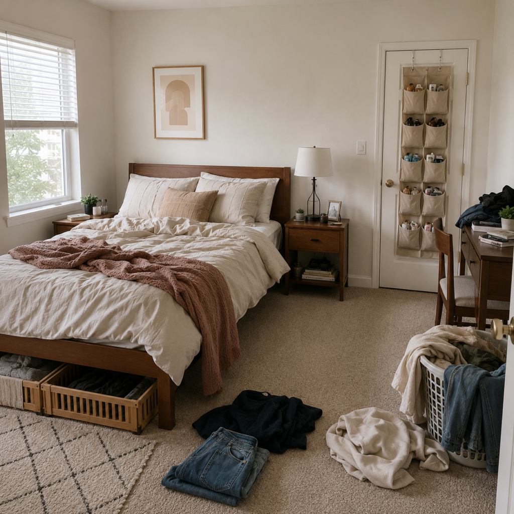 Small Bedroom Makeover: 6 Smart Storage Solutions That Make a Big Difference 2 Cluttered small bedroom before organization makeover with clothes scattered across the floor