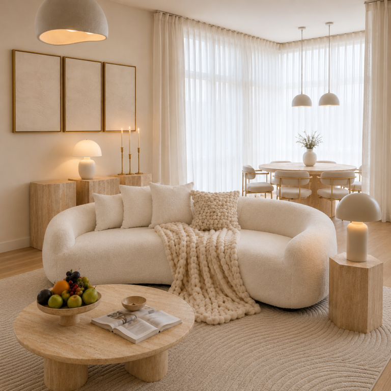 Cozy Japandi living room with a curved bouclé sofa, travertine coffee table, sheer linen curtains, and warm neutral décor.