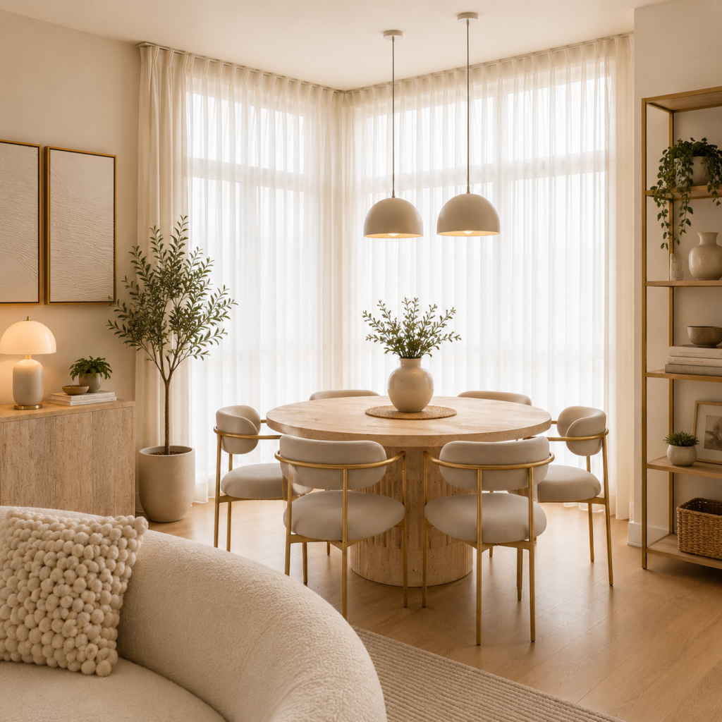 How to Create a Cozy Japandi Living Room: 12 Pieces That Transform the Space 3 Japandi dining area with a round travertine table, upholstered chairs, sheer linen curtains, and Wabi-Sabi pendant lights.