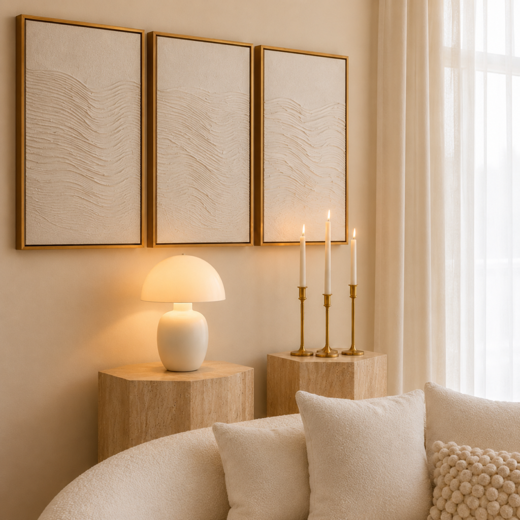 How to Create a Cozy Japandi Living Room: 12 Pieces That Transform the Space 4 Textured wall art, mushroom table lamp, travertine pedestal, and brass candle holders in a Japandi living room.
