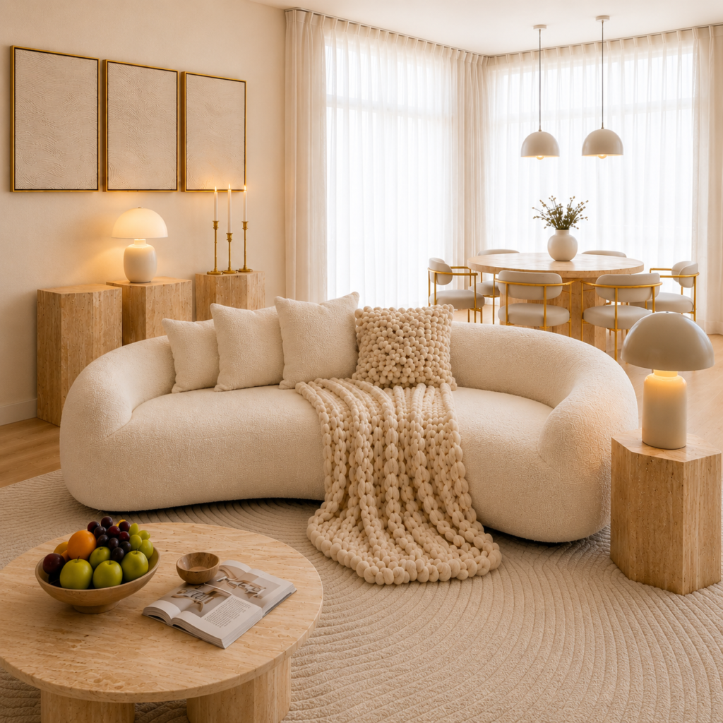 How to Create a Cozy Japandi Living Room: 12 Pieces That Transform the Space 2 Modern Japandi living room with a curved sofa, textured rug, mushroom lamps, and a minimalist dining area.