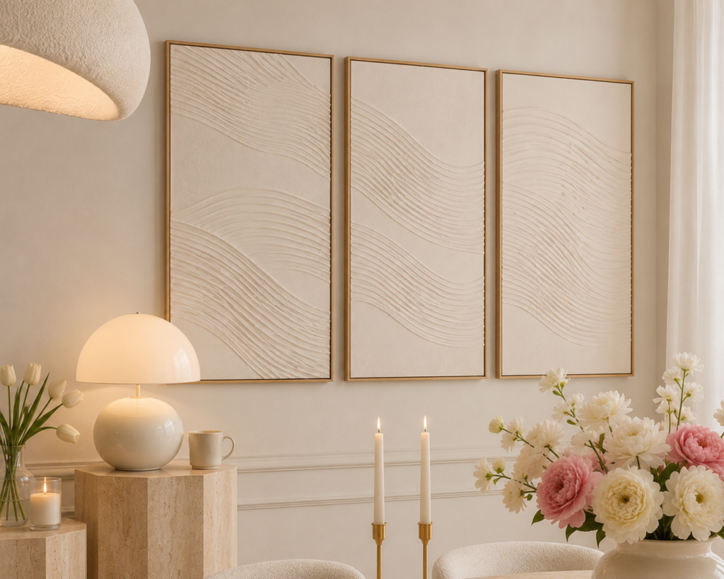 Neutral textured wall art above a boucle sofa in a warm minimalist living room with soft beige decor.