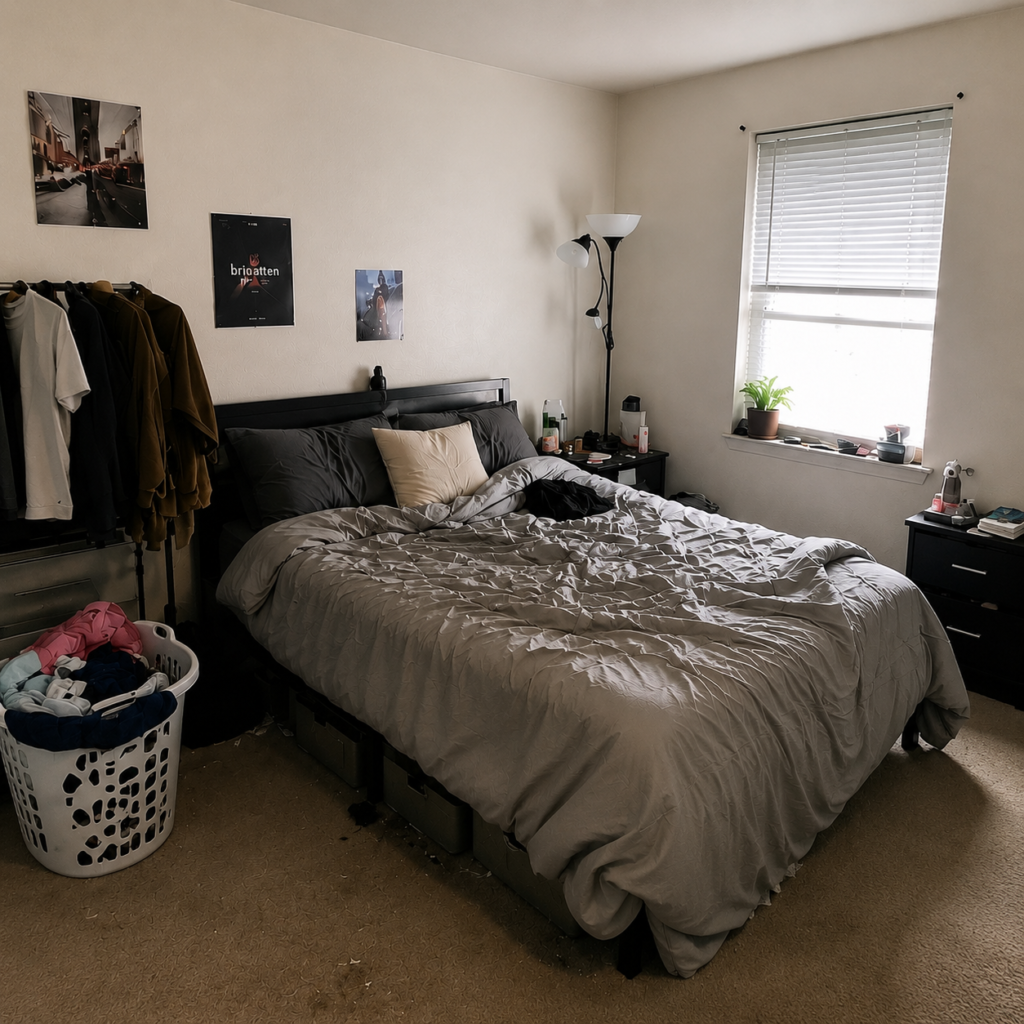 Small Bedroom Makeover: 10 Smart Storage Solutions That Make a Big Difference 2 Small bedroom before makeover showing cluttered layout and limited organization
