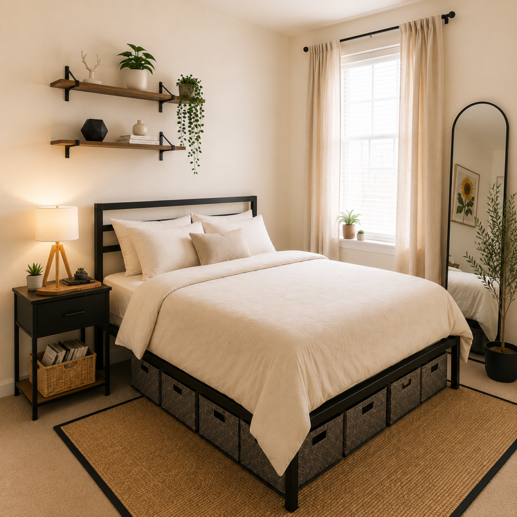 Small Bedroom Makeover: 10 Smart Storage Solutions That Make a Big Difference 3 Small bedroom makeover concept with floating shelves, storage bed, neutral bedding and mirror