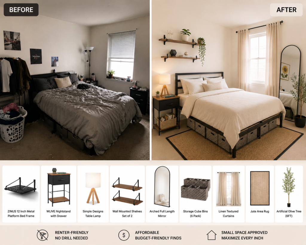 Small Bedroom Makeover: 10 Smart Storage Solutions That Make a Big Difference 4 Before and after small bedroom makeover with storage ideas