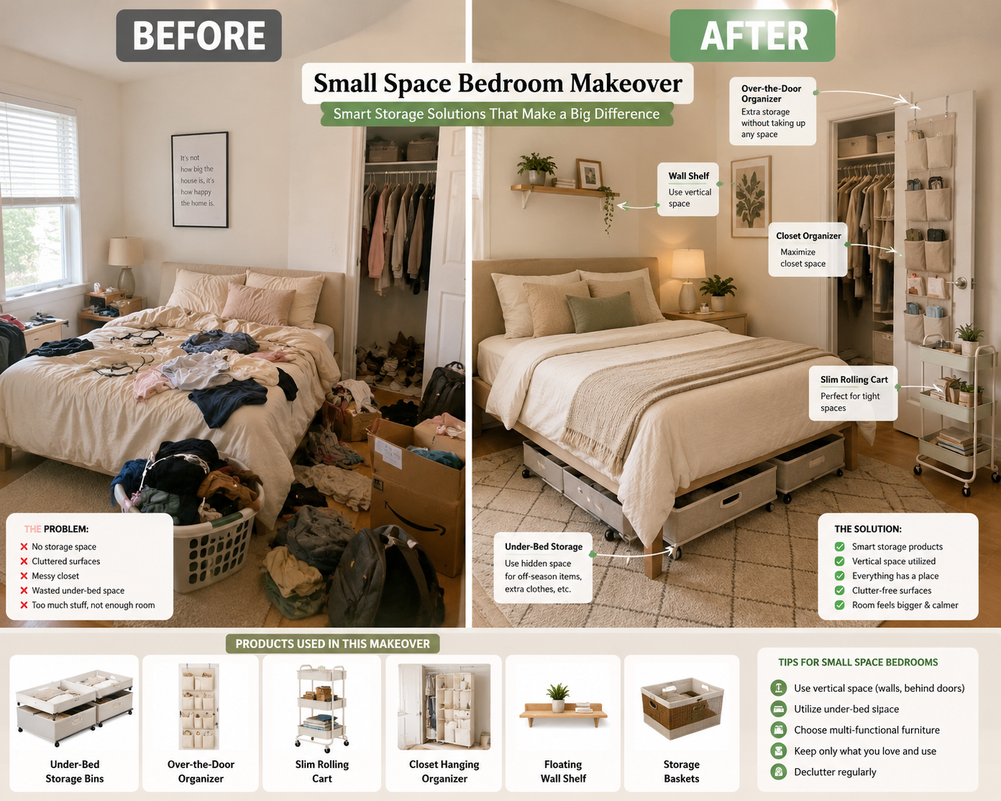 Small Bedroom Makeover: 6 Smart Storage Solutions That Make a Big Difference 1 Before and after small space bedroom makeover showing smart storage solutions including under-bed drawers, over-the-door organizer, closet organizer, rolling cart, floating shelf, and storage baskets.
