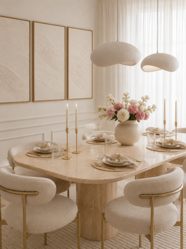 Warm minimalist dining room with boucle chairs, travertine table, Wabi Sabi pendant lights, and neutral decor.
