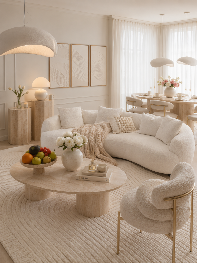 Warm minimalist living room with a curved boucle sofa, neutral decor, beige area rug, and organic modern furniture.