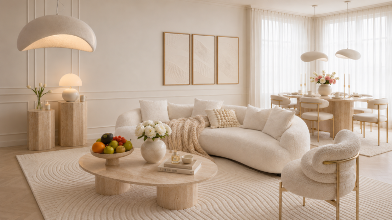 Warm Minimalist Living Room Ideas featuring a curved boucle sofa, beige rug and organic modern decor