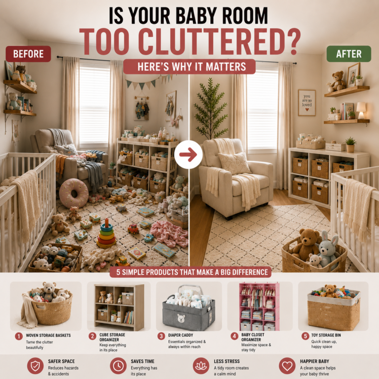 Baby room organization before and after showing a cluttered nursery transformed with practical storage solutions