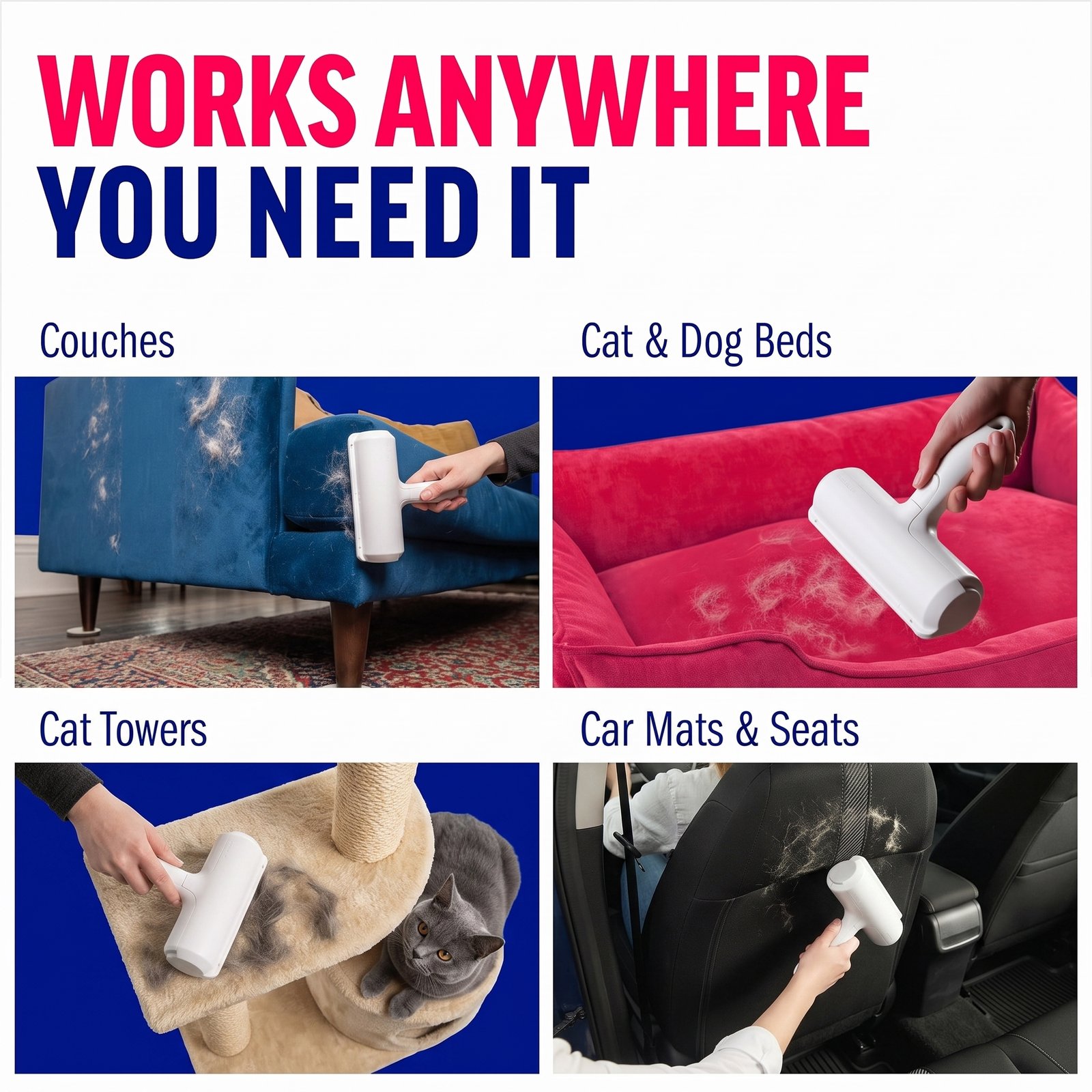 ChomChom Roller reusable pet hair remover removing cat fur from a fabric sofa.