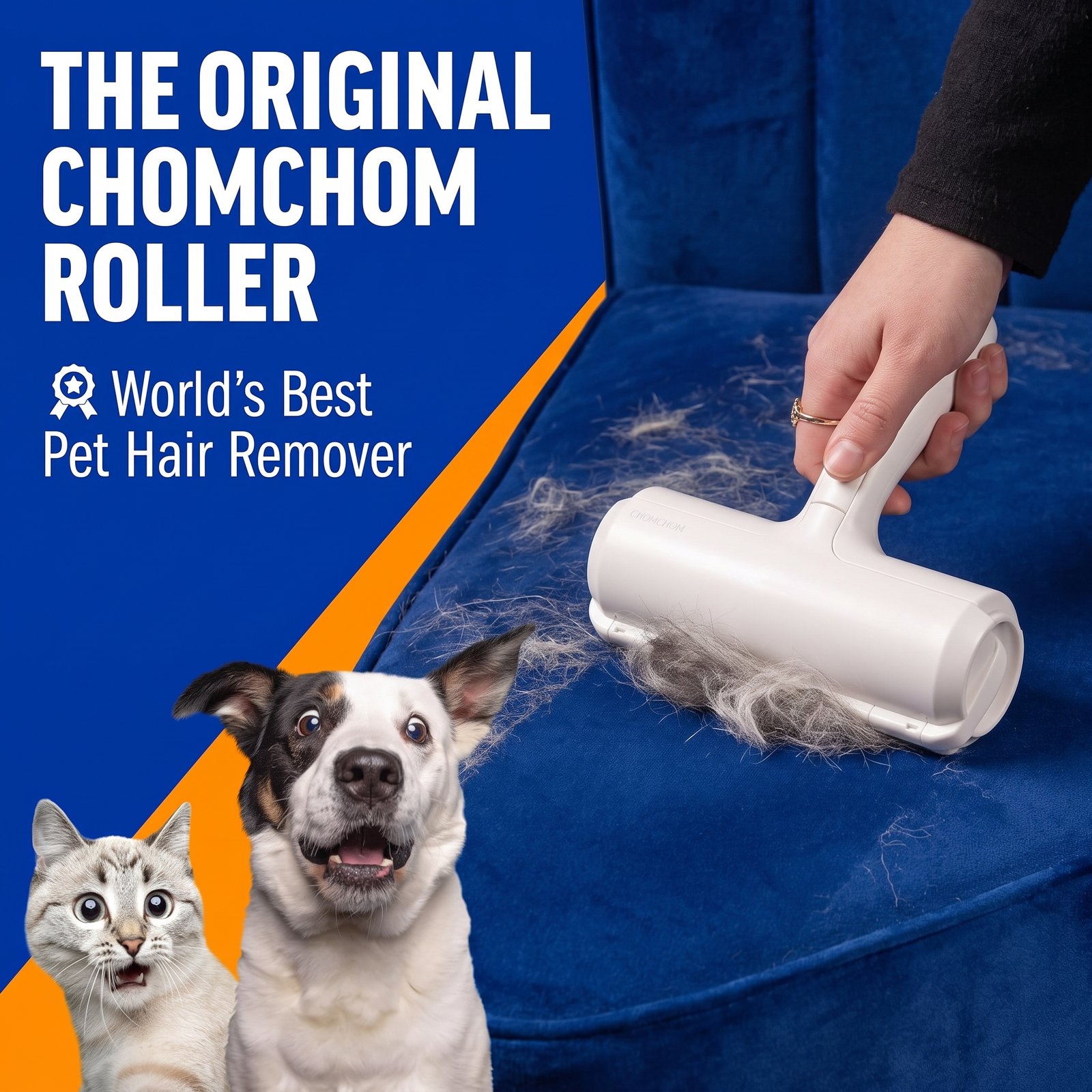 ChomChom Roller reusable pet hair remover removing cat fur from a fabric sofa.