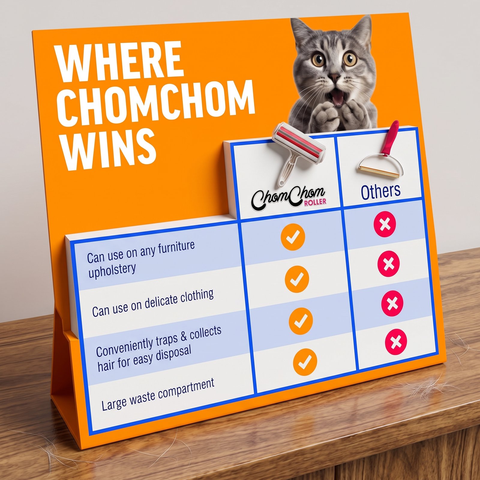 ChomChom Roller reusable pet hair remover removing cat fur from a fabric sofa.