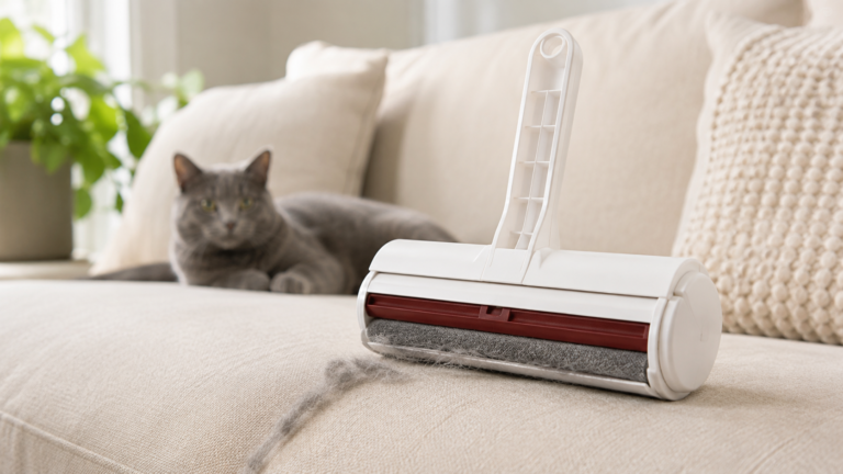ChomChom Roller Pet Hair Remover Review: A Practical Reusable Fix for Fur-Covered Furniture 4 ChomChom Roller reusable pet hair remover removing cat fur from a fabric sofa.