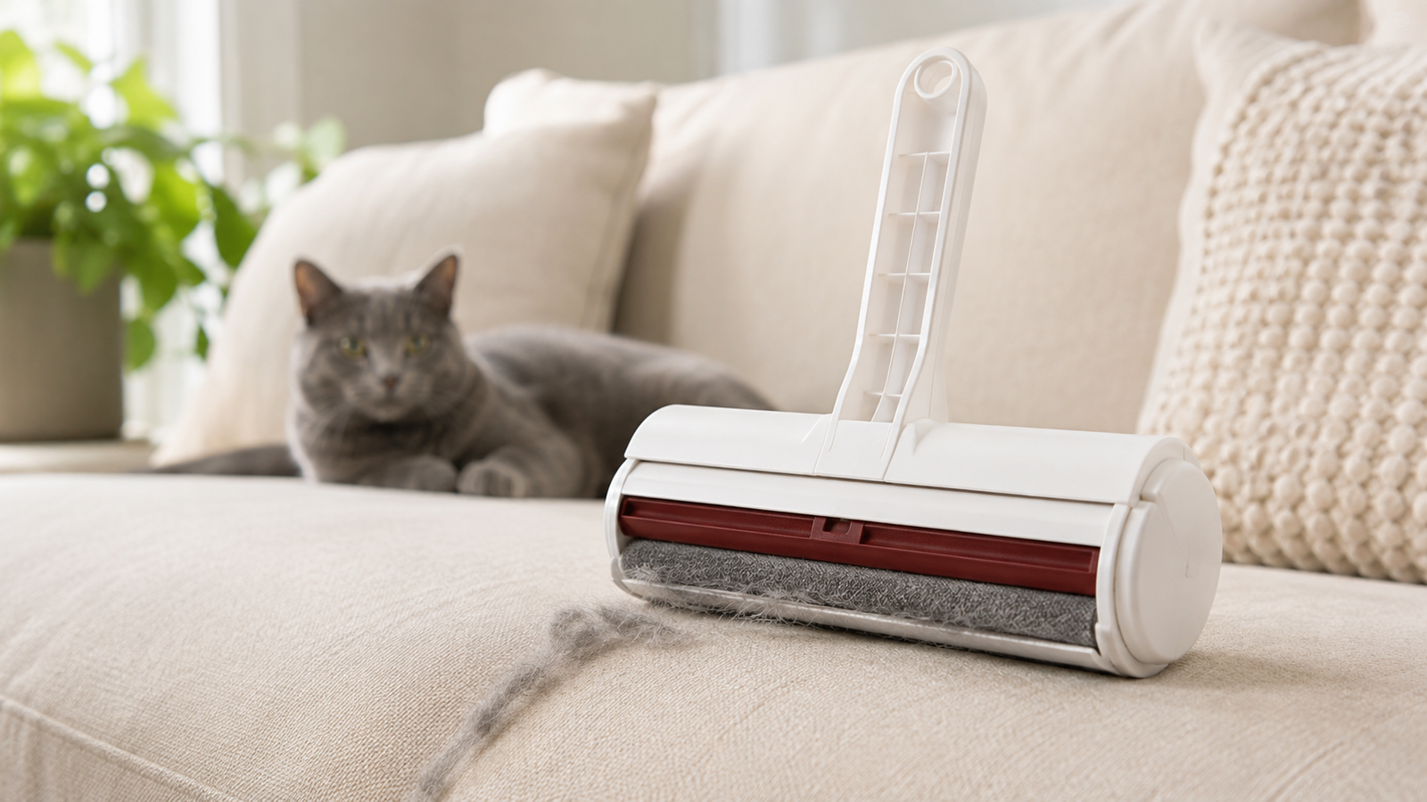 ChomChom Roller reusable pet hair remover removing cat fur from a fabric sofa.