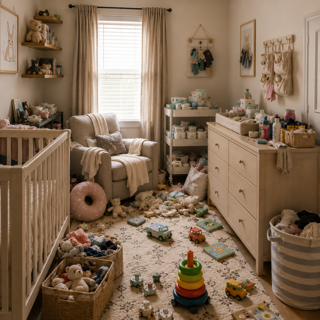 Cluttered baby room before organization with toys, clothes, diapers and nursery essentials covering the floor and storage areas