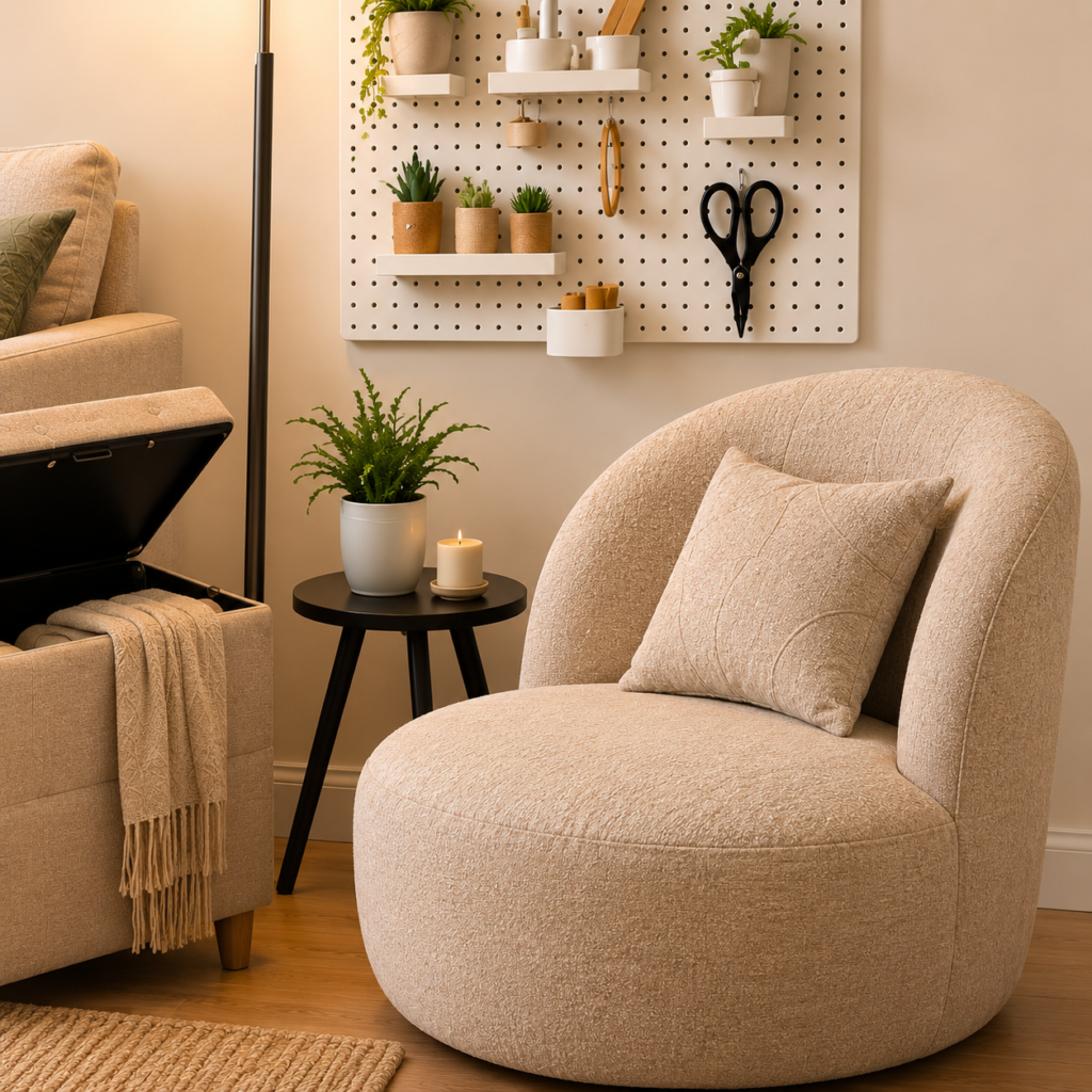 Cozy reading corner featuring a compact barrel accent chair, wall-mounted pegboard organizer, and modern side table in a small living room.