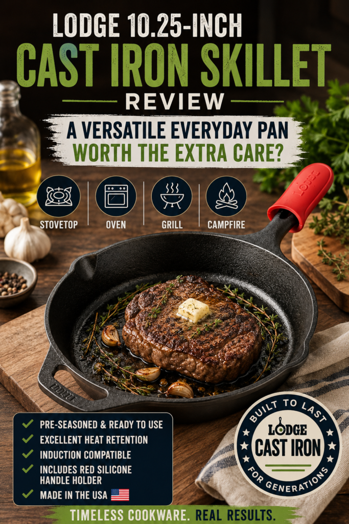 Lodge 10.25-Inch Cast Iron Skillet Review: A Versatile Everyday Pan Worth the Extra Care? 1 Lodge 10.25-inch cast iron skillet review with red silicone handle holder