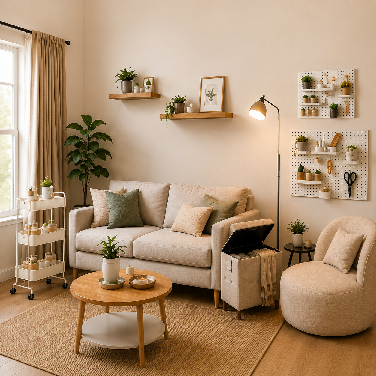 This infographic highlights five practical furniture solutions that help maximize storage, organization, and comfort in a small living room.