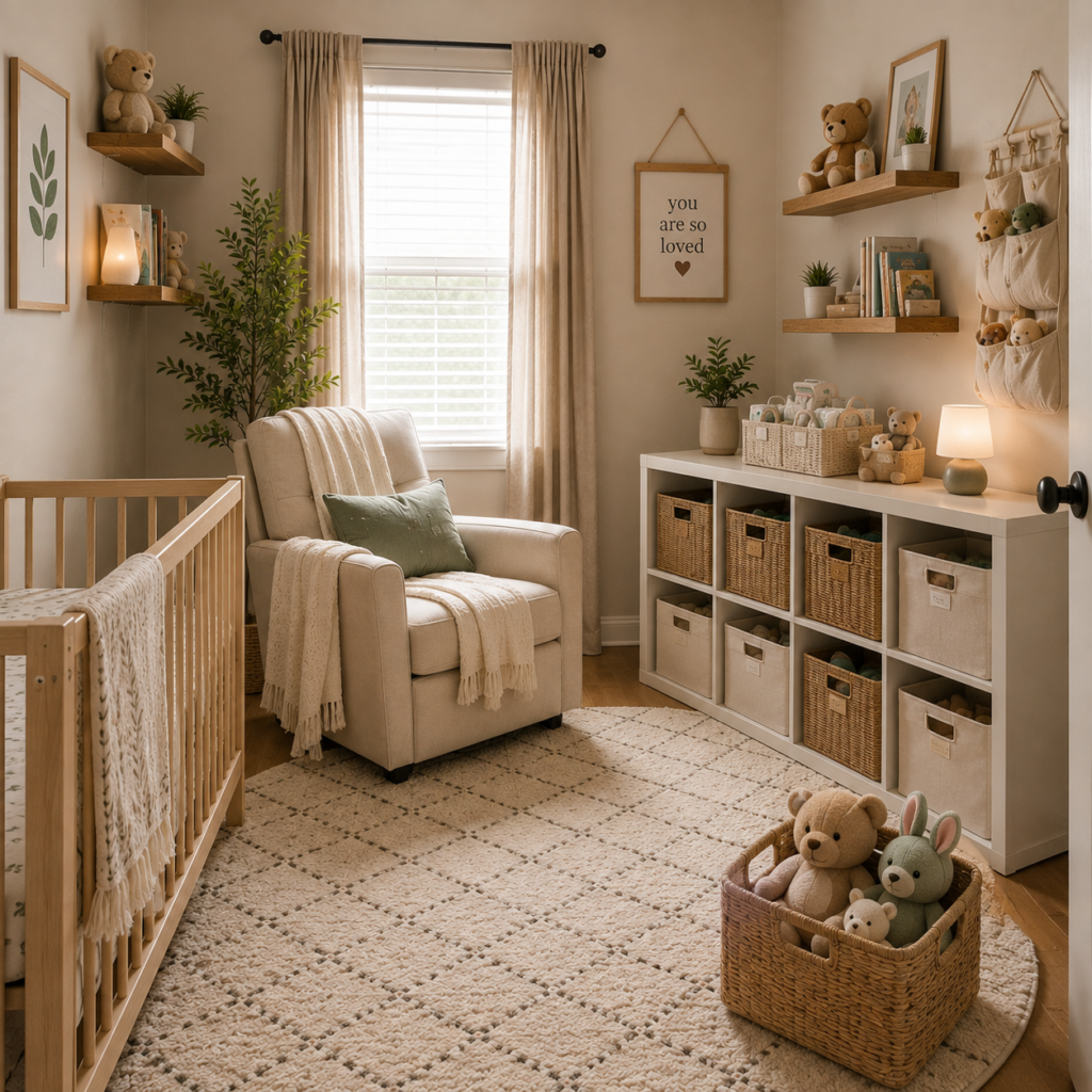 Baby room organization after makeover with cube storage, woven baskets and a clear nursery floor