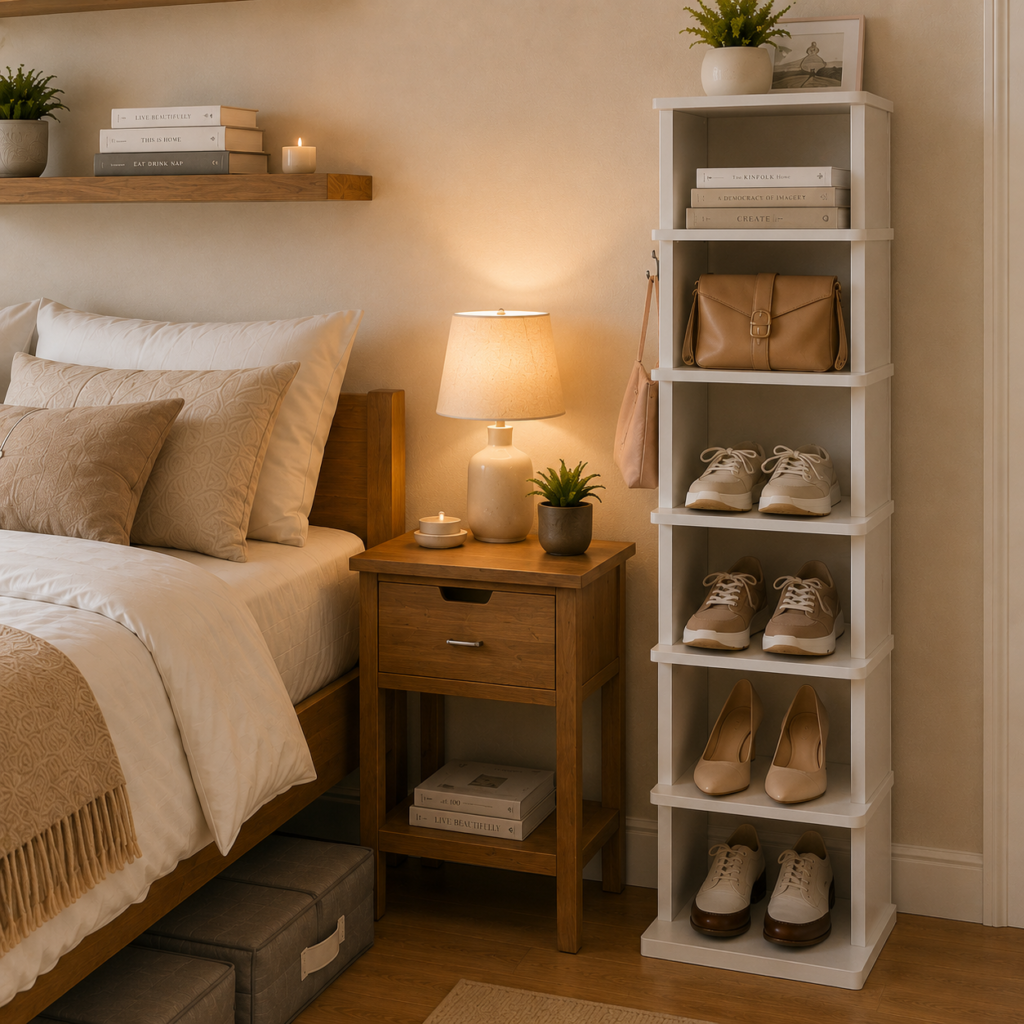 Small Bedroom, Big Impact: 5 Smart Storage Ideas That Instantly Maximize Space 3 Compact wooden nightstand with storage beside a bed and a vertical shoe rack organizer in a modern small bedroom.