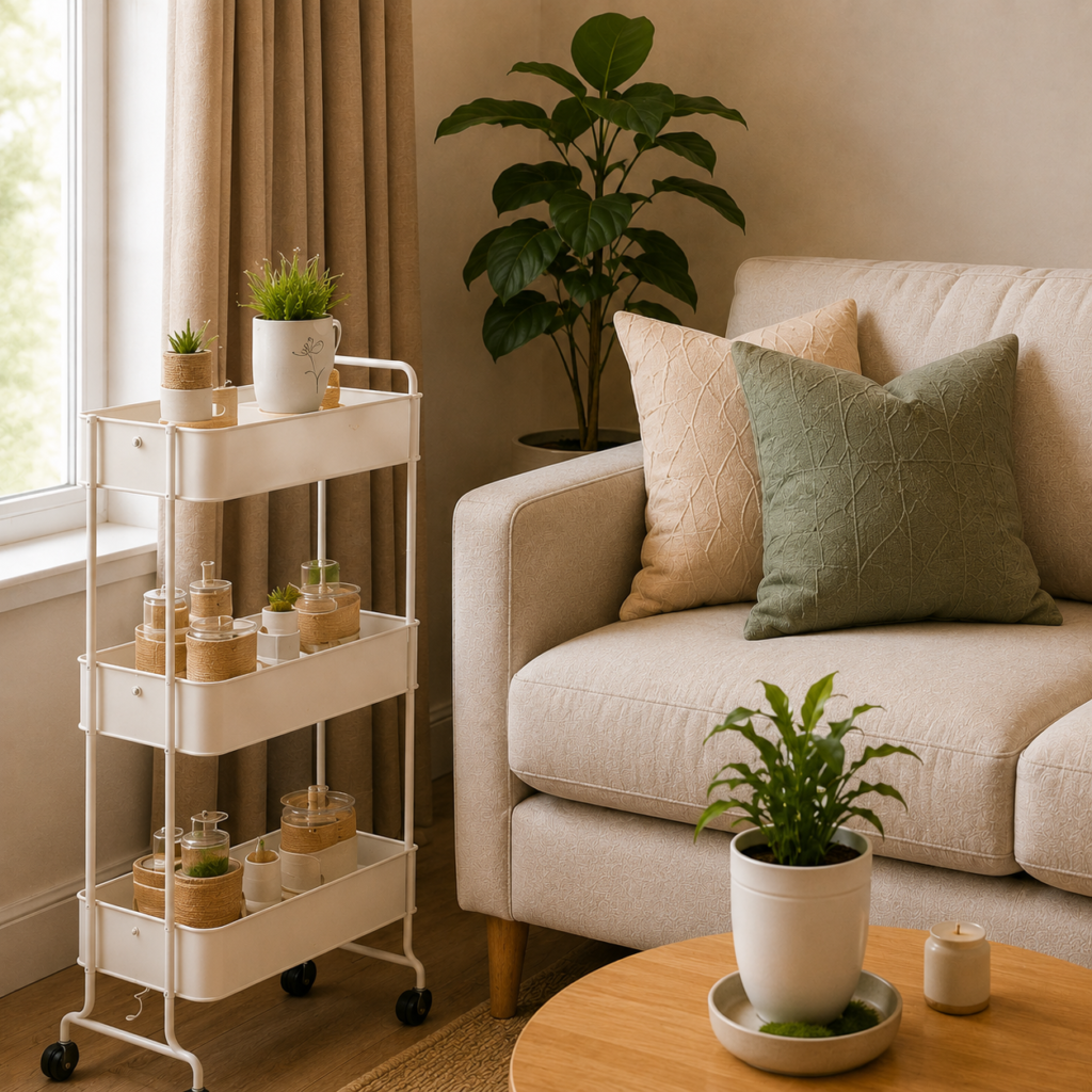 Slim rolling storage cart placed beside a sofa in a small living room, providing extra storage for plants and everyday essentials.