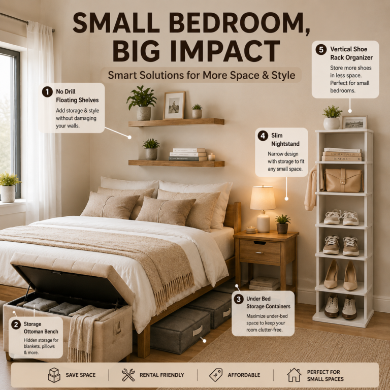 Small bedroom makeover concept featuring floating shelves, a storage ottoman bench, under-bed storage containers, a slim nightstand, and a vertical shoe rack for maximizing space.