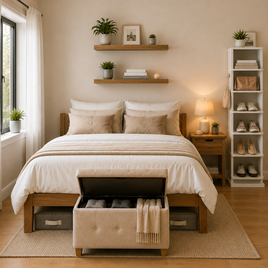 Small Bedroom, Big Impact: 5 Smart Storage Ideas That Instantly Maximize Space 2 Modern small bedroom with floating wall shelves, storage ottoman bench, under-bed storage boxes, slim nightstand, and a vertical shoe rack organizer.