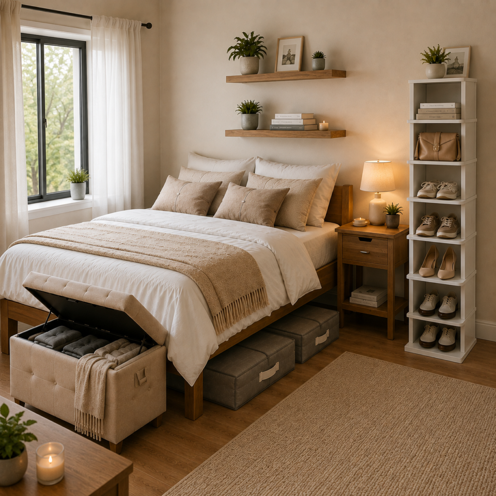Small Bedroom, Big Impact: 5 Smart Storage Ideas That Instantly Maximize Space 4 Modern small bedroom featuring floating shelves, a storage ottoman bench, under-bed storage containers, a slim nightstand, and a vertical shoe rack for maximizing space.