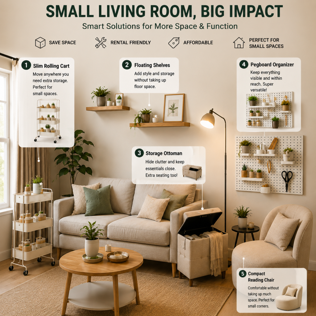 Infographic showing five space-saving furniture ideas for a small living room, including a slim rolling cart, floating shelves, storage ottoman, pegboard organizer, and compact reading chair.